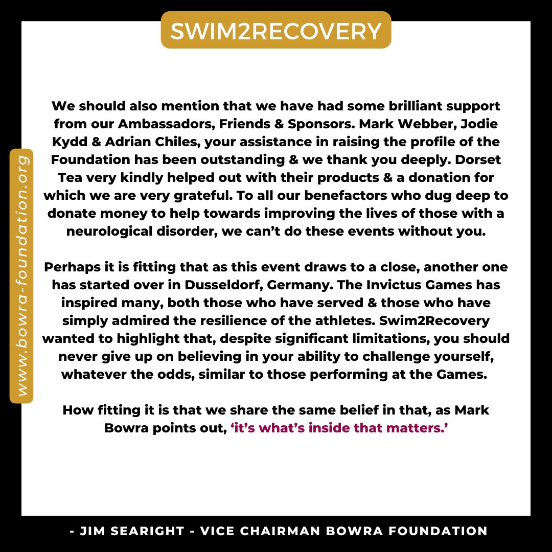Swim2Recovery Postscript - Words from Jim Searight, BOWRA Foundation Vice Chairman.

#MindOverMatter #ChannelSwim2023 #TeamBowra #donate #meettheteam #bowrafoundation #teamworkmakesthedreamwork #charity #whatsinsidematters #unrelentingpursuitofrecovery #fundraising #veterans