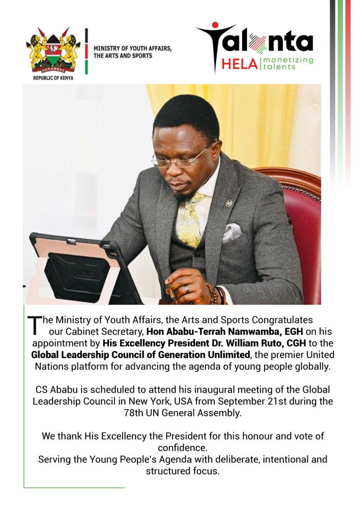 NYC_YouthVoice's tweet photo. Congratulations CS Hon. @AbabuNamwamba on your appointment to the Global Leadership Council of Generation Unlimited, the premier United Nations platform for advancing the agenda of young people globally.
#GovernmentScoreCard
#DeliveringThePlan
#AbabuDelivers
#TalantaHela https://t.co/TtcOQK3s2B