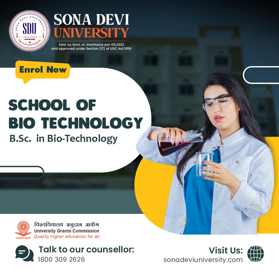 SDUGhatsila's tweet image. 🔬🌱 Explore the world of Biotechnology with our B.Sc. in Bio-Technology program! 🧪
Register Now: sonadeviuniversity.com/school-of-bio-…
Talk to our counsellor: 1800 309 2626

#BioTechnology #ScienceProgram #AdmissionsOpen #ExploreTheUnknown #SonaDeviUniversity