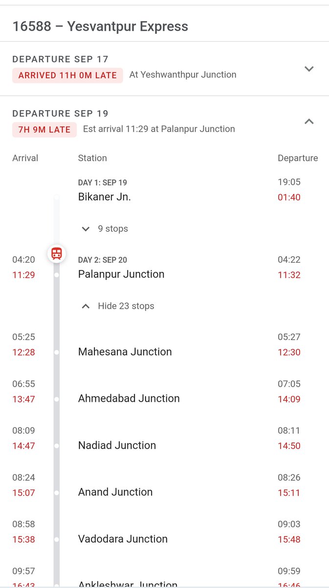 Chetan3901's tweet photo. @IRCTCofficial Why train 16588 is too much late.? Its scheduled timing for @DrmSolapur @ 11.05 pm &amp; it's arriving next day 5.29 am almost 6+ hr late. @drmubl @drmbikaner https://t.co/XVVDBk8rUd