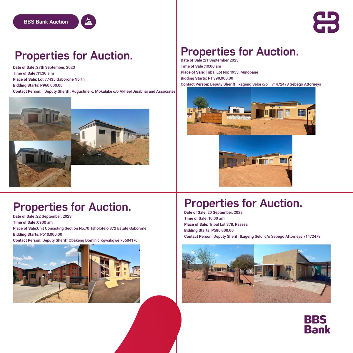 BBS Bank Limited would like to notify all stakeholders of the upcoming property auctions.

For more information please contact the Deputy Sheriffs as indicated in the advertisement.

#auction #propertyforauction #BBSBank