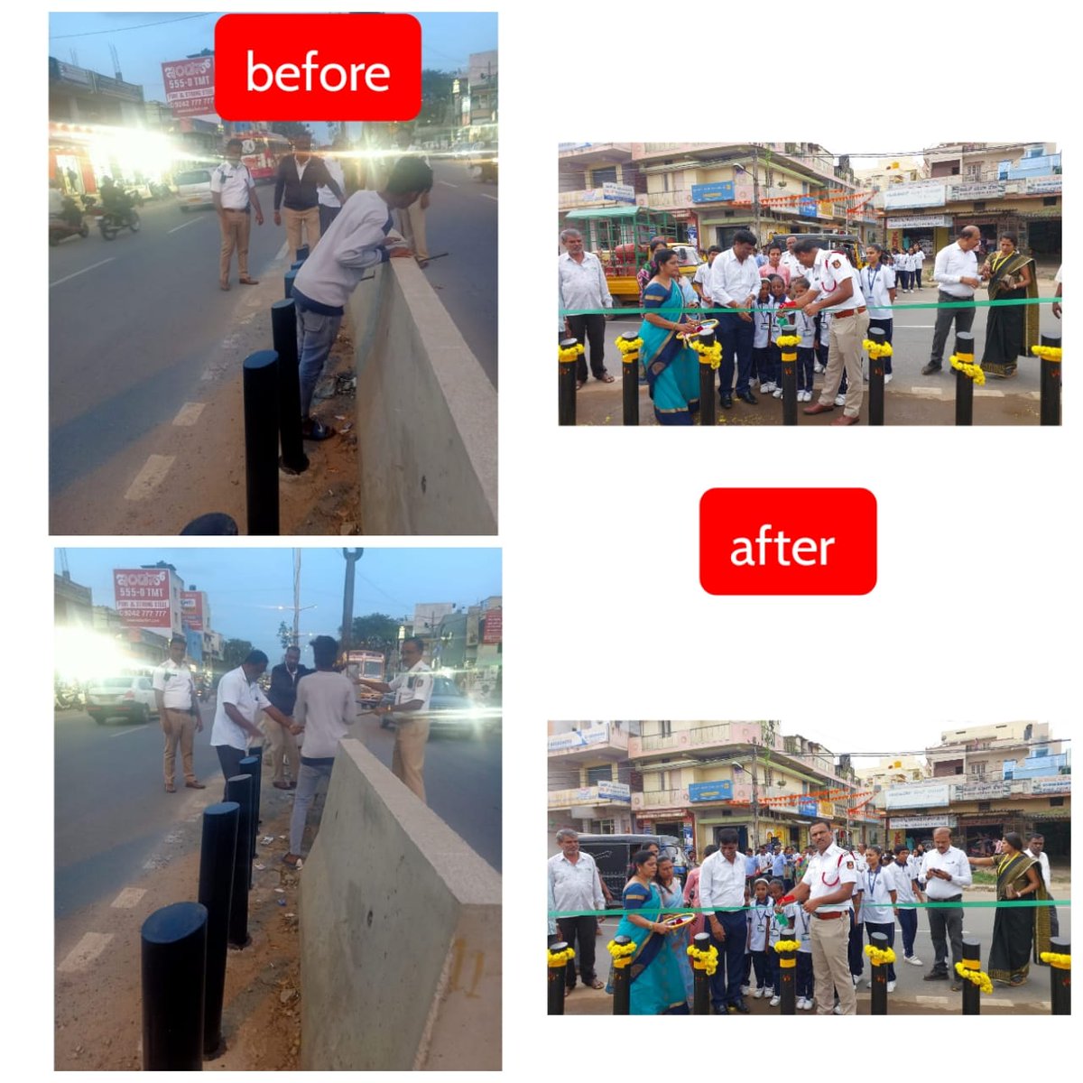 BTP work related to safe route to school. Opp vidhya shree school center median was closed for smooth traffic flow. On request medians removed bollards placed to ensure safety as well as smooth flow. @blrcitytraffic @DCPTrWestBCP