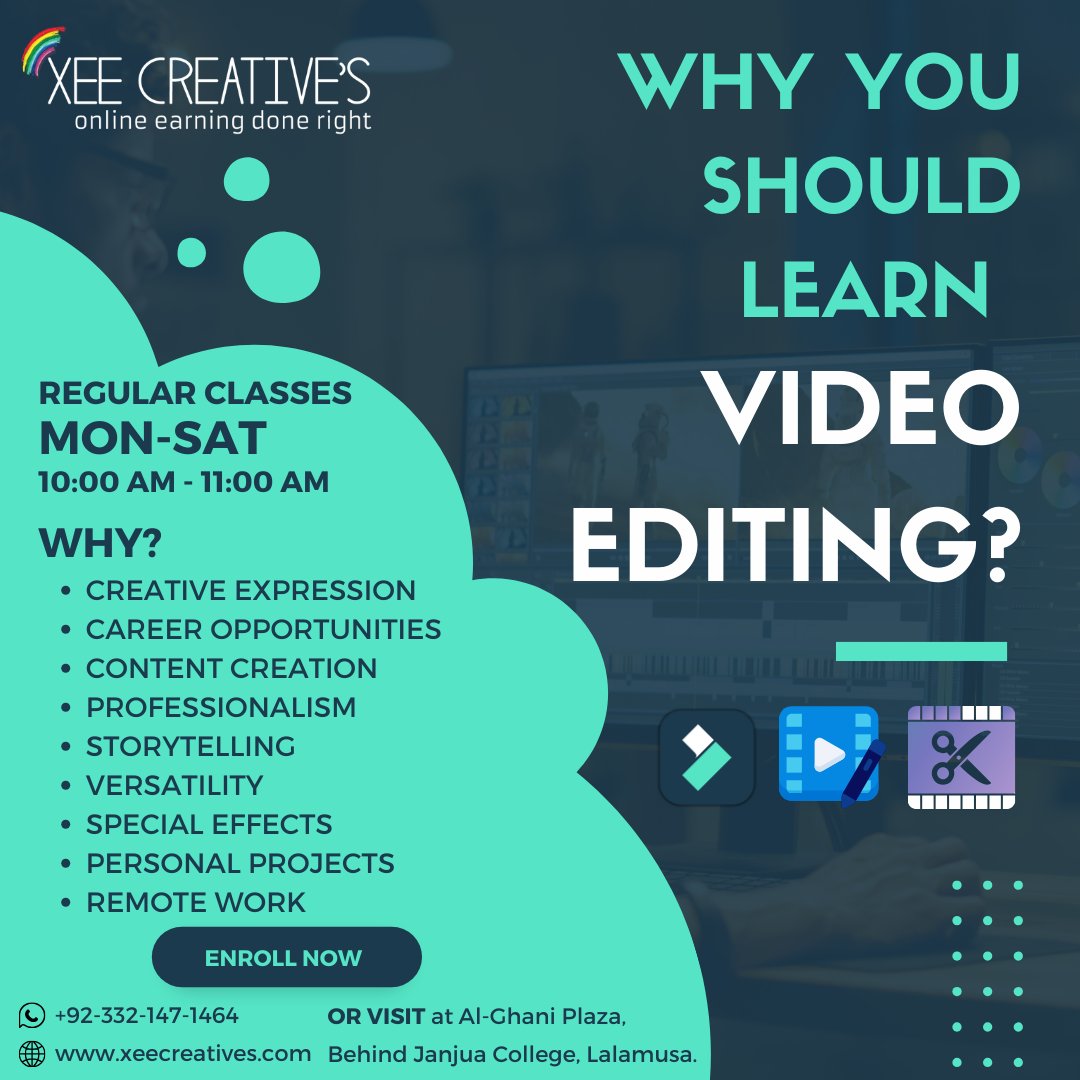 XeeCreatives's tweet photo. 📷 Unleash Your Creative Potential with Our Video Editing Course! 📷📷
📷 Our New Session Will Start On 1st Oct 2023
📷 Duration: 1 month
📷 Address: Alghani Plaza, Behind ID Janjua College Camping Ground Lalamusa.
#VideoEditingCourse #CreativeJourney #LearnWithUs" https://t.co/MDQ9iU0H1g