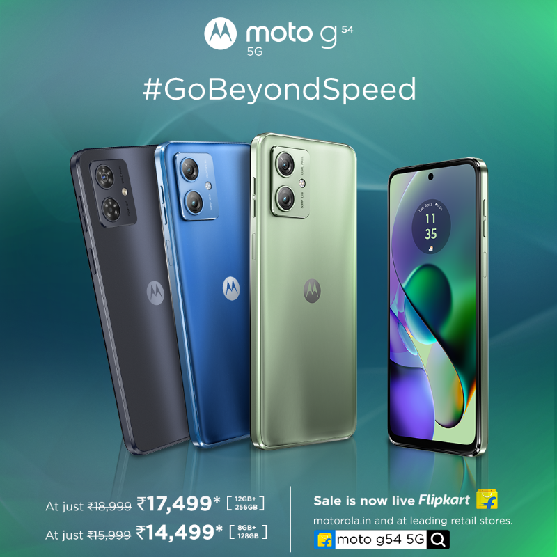 motorolaindia's tweet photo. Enjoy 12GB RAM, a spacious 256GB storage, the formidable MediaTek Dimensity 7020 processor, a 50MP OIS camera, and much more with the #motog54_5G! Sale is now live starting at just ₹14,499* on @flipkart, https://t.co/azcEfy2uaW & at top retail stores. #GoBeyondSpeed.