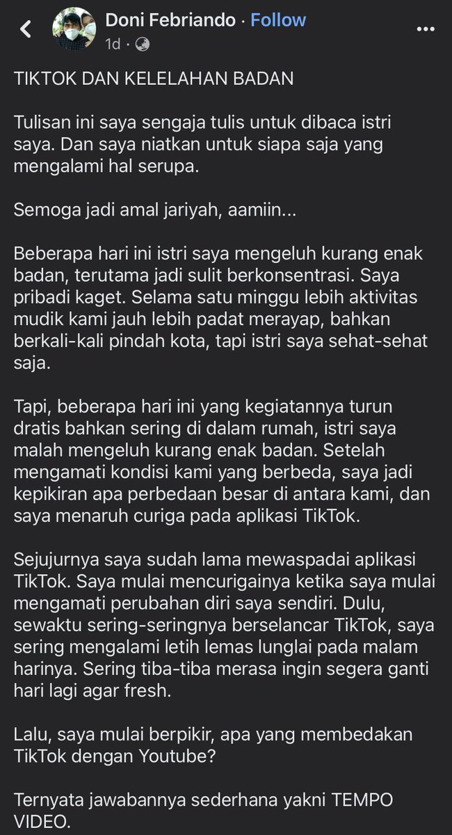 lagi rame soal TikTok Shop diminta untuk ditutup karena merugikan UMKM, ya.

Ngomong-ngomong soal TikTok, beberapa waktu yang lalu gw nemu tulisan bagus di fb yang menyadarkan gw, tentang :

"𝙏𝙄𝙆𝙏𝙊𝙆 𝘿𝘼𝙉 𝙆𝙀𝙇𝙀𝙇𝘼𝙃𝘼𝙉 𝘽𝘼𝘿𝘼𝙉"
source : Doni Febriando

A Thread.
