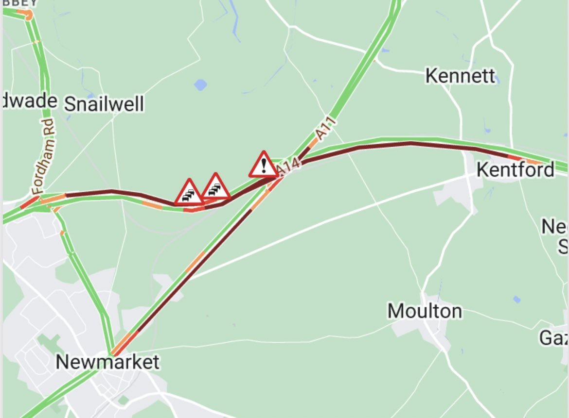 #A14 both ways - queueing traffic and partially blocked - between J38 (A11/Waterhall) and J37 (Newmarket) - reports of a collision -police on their way to scene - queues eastbound back to J37 (Newmarket) - queues westbound back to J39 (Kentford) - LONG DELAYS towards Cambridge