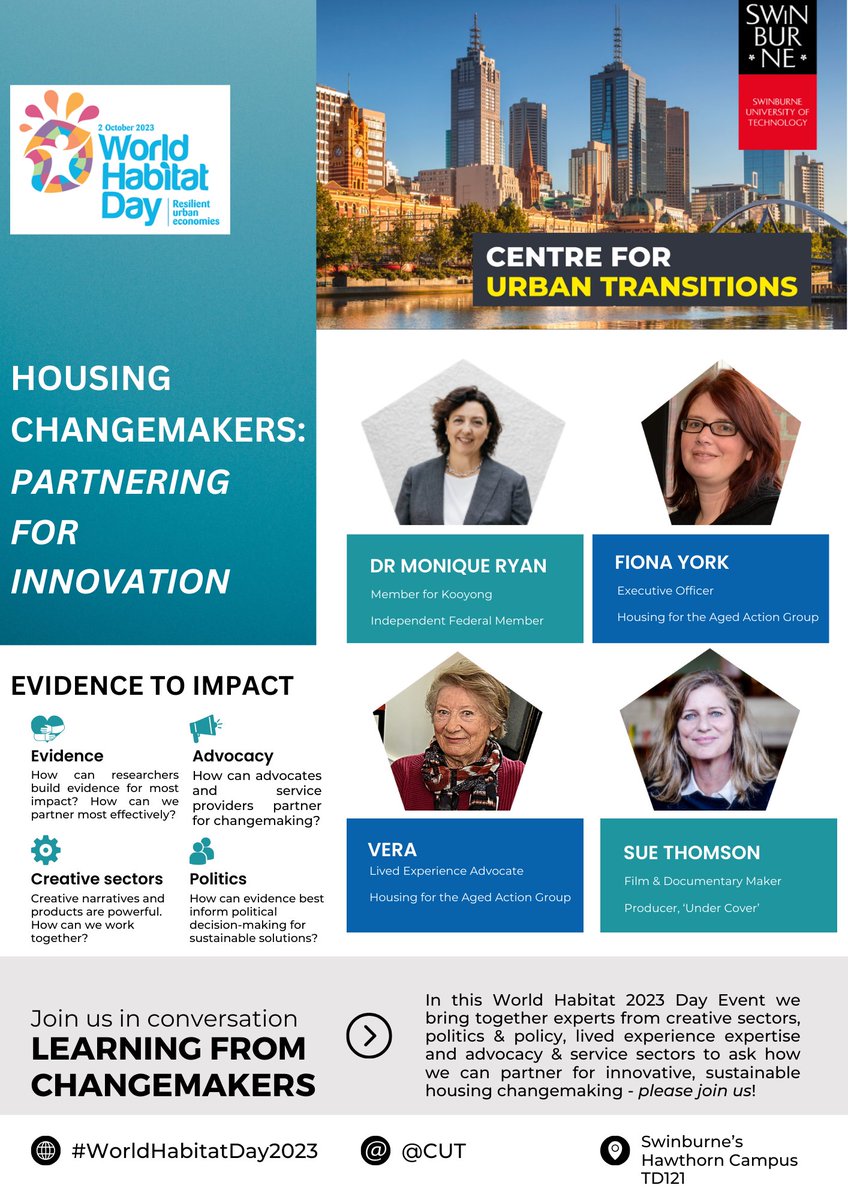 On #WorldHabitatDay2023 join us for an event, Housing Changemakers: Partnering for Innovation. When - October 2nd 2023 Where - Swinburne University of Technology, Theatre TD121 How - Register for free: eventbrite.com.au/e/housing-chan…