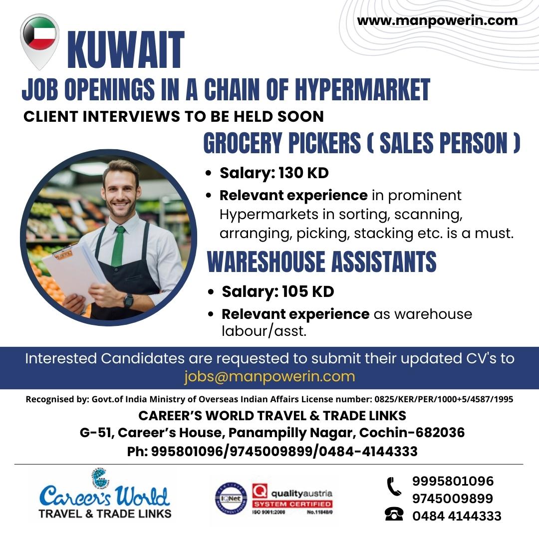 ManpowerIN's tweet photo. A leading International Hypermarket Group is looking for dynamic Grocery Pickers (SALES PERSON)  and Warehouse Assistants to join their team.  Apply now at -jobs@manpowerin.com.
Perks: Food, Accommodation &amp; Transportation provided
#KuwaitJobs #gulfjob #jobconsultancy https://t.co/yOFAJ96U56