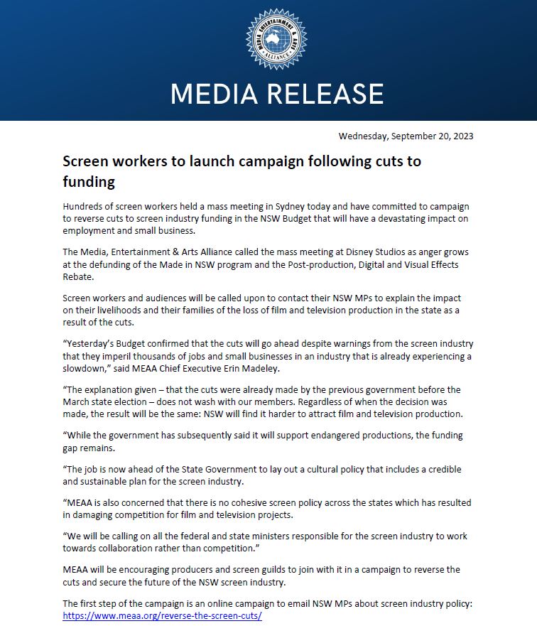 withMEAA's tweet photo. MEDIA RELEASE: 100s of screen workers held a mass meeting in Sydney today & have committed to campaign to reverse cuts to screen industry funding in the NSW Budget that will have a devastating impact on employment & small business. https://t.co/KFOOJQHHEo #MEAAequity #MEAAcrew https://t.co/t2t1cCE022