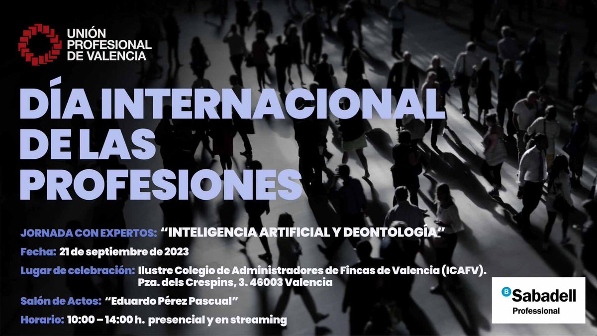 UprofesValencia's tweet photo. 🔈Reserva ya tu plaza en la Jornada gratuita ‘Inteligencia artificial y deontología’ de #UPdV

🗓️ 21 septiembre
⏰ 10h-14h
💻 Presencial o Streaming 
📍@CAFValencia Salón actos ‘Eduardo Pérez Pascual’

🔗 https://t.co/nM0SlKQSWm

#ColegiosProfesionales
#Formacion
#InteligenciaArtificial
#Valencia #UnionProfesional