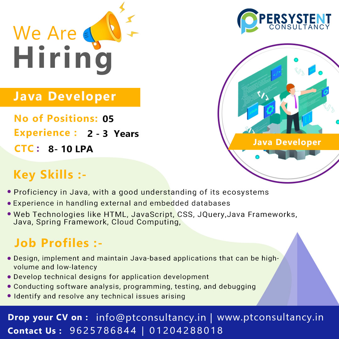 ptconsultancy1's tweet image. Hiring Java Developer
Experience - 2 to 3 Years
CTC - 8 To 10 LPA
Apply at link :- bit.ly/hiring-junior-…
Location - Noida
Key Skills:- Java Frameworks, Java, Spring Framework, Cloud Computing, HTML, CSS, MySQL, Web Technologies
Mail id:- ptcon2020@gmail.com
#hiringjavadeveloper