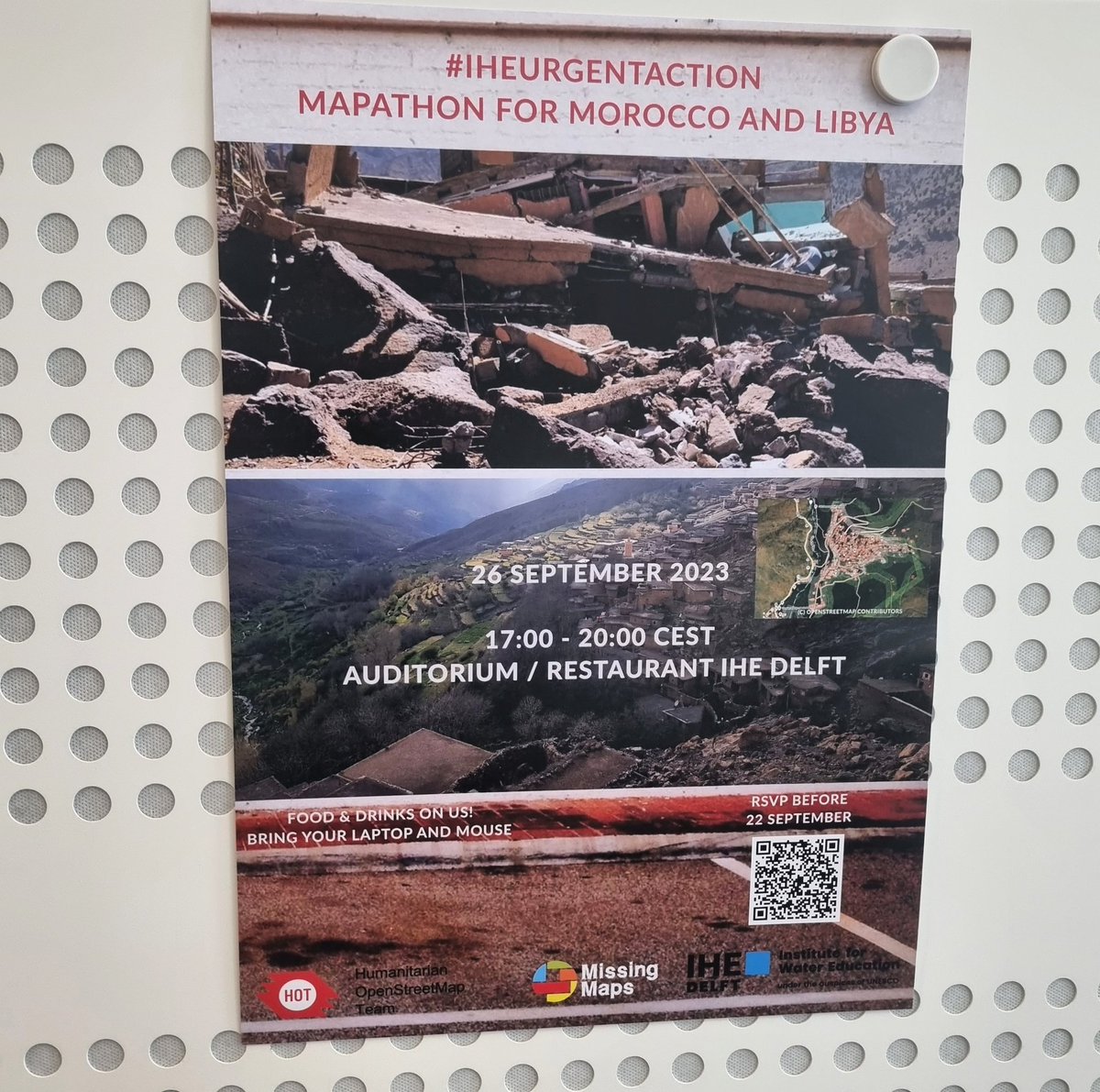 Join the #IHEUrgentAction #Mapathon for the #MoroccoEarthquake and #LibyaFloods on 26 Sep 17:00 CEST at <a href="/ihedelft/">IHE Delft 💧 Institute for Water Education</a> or online. The event is co-hosted by <a href="/hotosm/">Humanitarian OpenStreetMap Team</a>.  Register here: un-ihe.org/iheurgentactio…