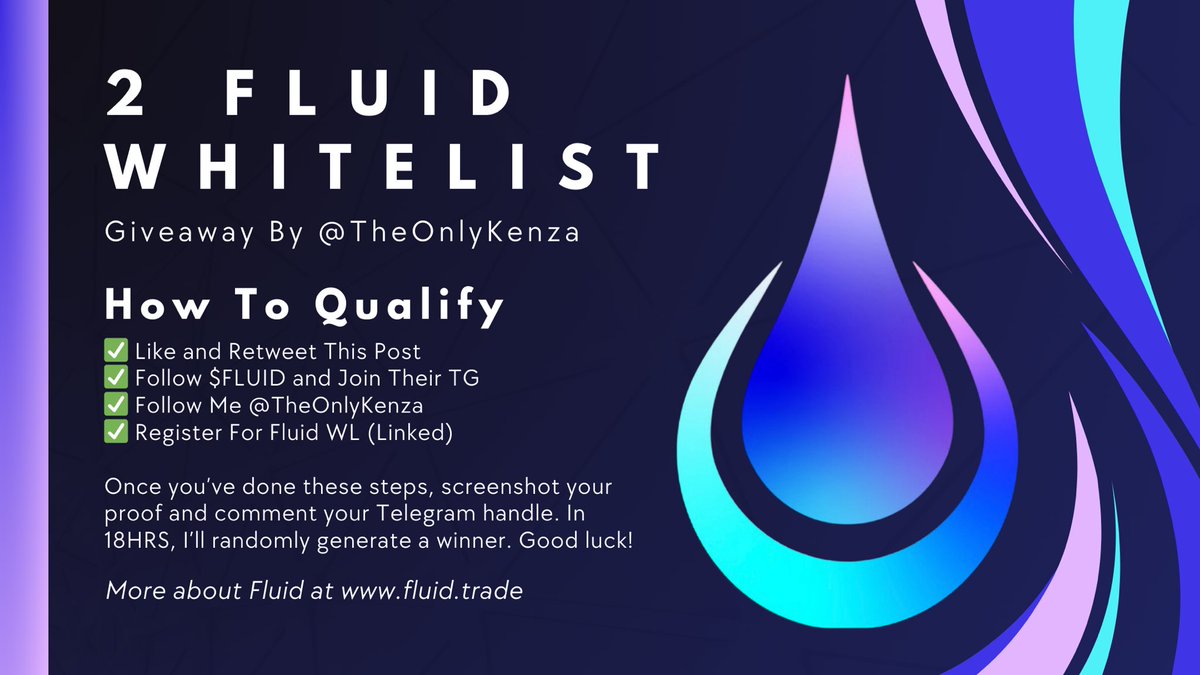 The Fluid team were generous to give us 2 WL spots for their upcoming launch. Here’s how you can qualify to win.

✅ Like and RT This Post
✅ Follow Me &amp; <a href="/FluidToken/">Fluid</a>
✅ Join Their Telegram
✅ Register For Fluid WL Using My Link
t.me/FluidWLBot?sta…

Comment When Done 👌🏼✨
