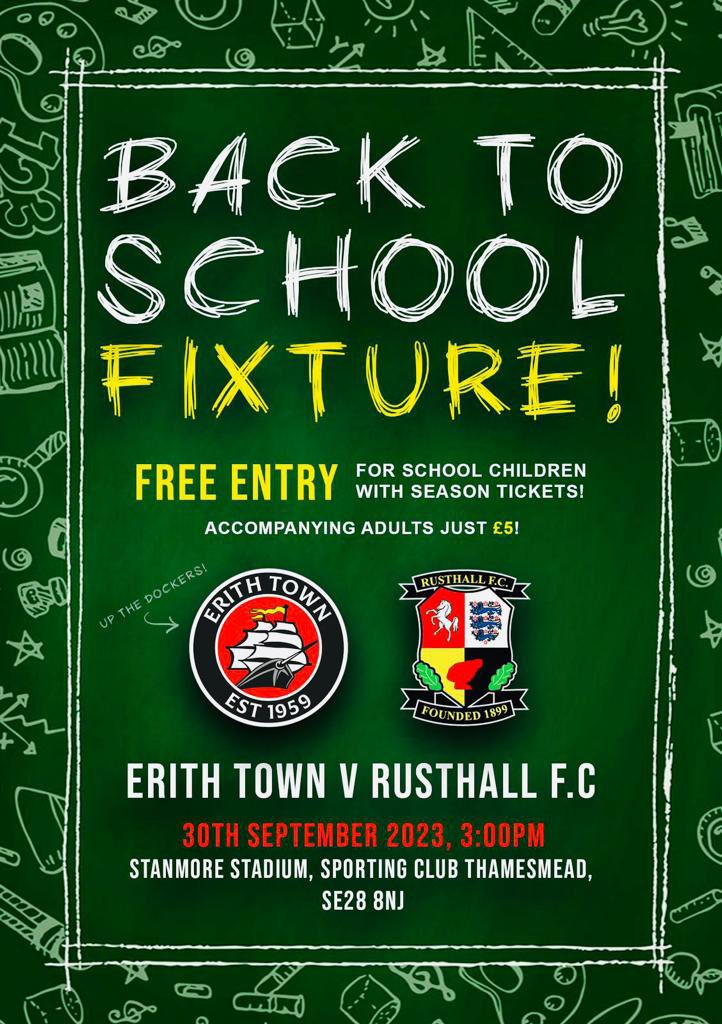 🎓| 𝔹𝕒𝕔𝕜 𝕥𝕠 𝕊𝕔𝕙𝕠𝕠𝕝

After last night’s game with <a href="/DulwichHamletFC/">Dulwich Hamlet FC</a>, #TheDockers next home game is next Saturday’s Back to School fixture with <a href="/FCRusthall/">Rusthall FC</a>!

With fantastic activities planned and 🆓 entry to school children with a season ticket, make sure you’re there!