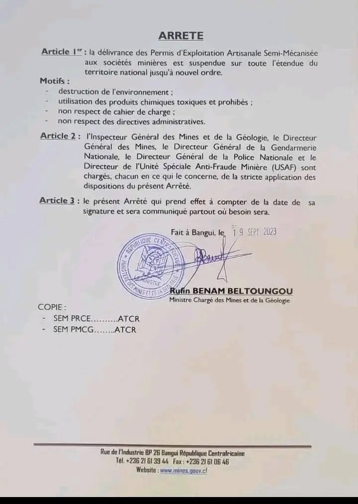 RCA: la délivrance des permis d'exploitation minière et mécanisés est suspendue jusqu'à nouvel ordre