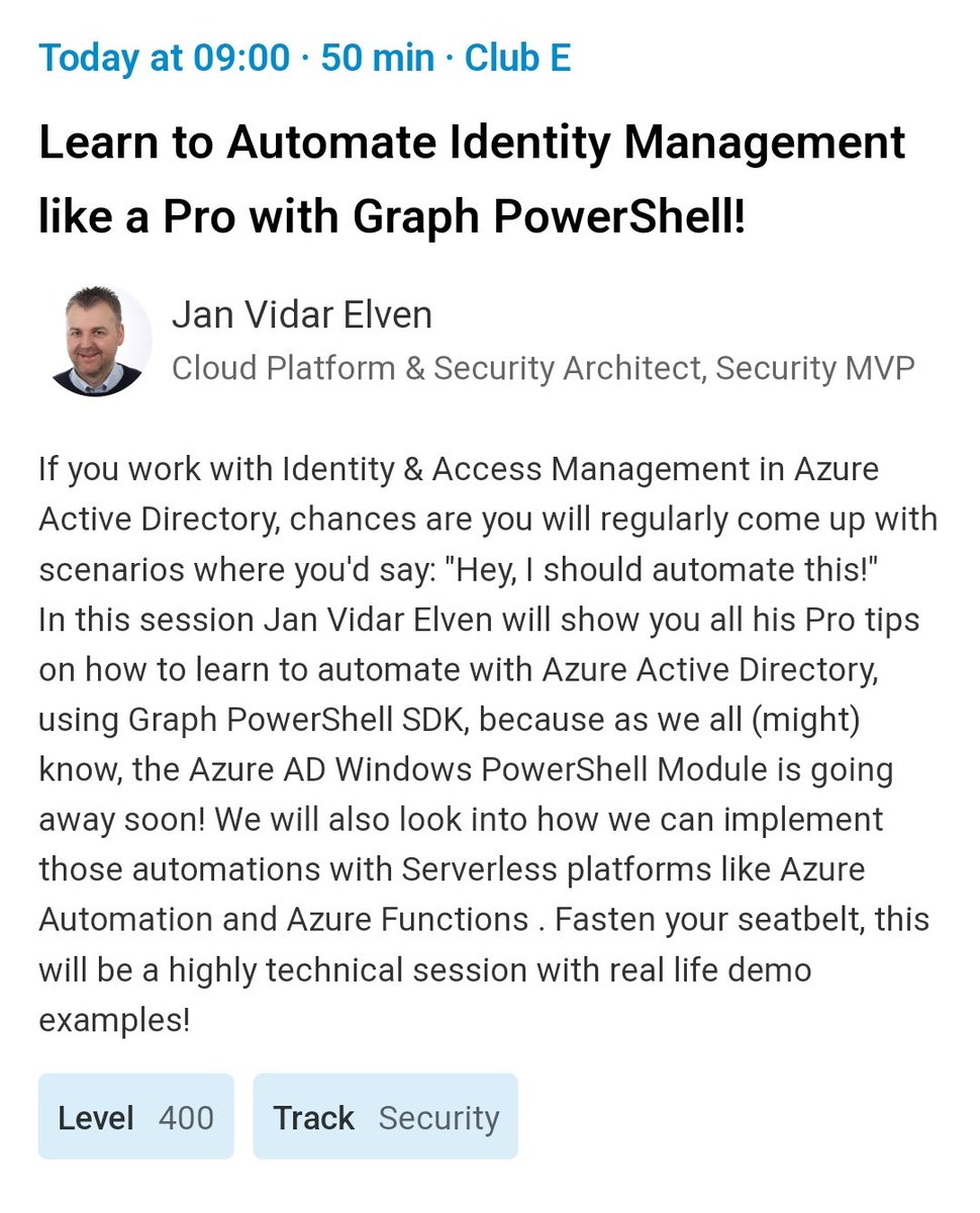 SP_Jamel's tweet photo. Room : Club E
Session : "Learn to Automate Identity Management like a Pro with Graph PowerShell!"
By @JanVidarElven
#ExpertsLiveEu #Prague #Azure #Microsoft365 #SharePoint #PowerPlatform #Teams #ExpertsLiveEurope
https://t.co/GP9yf8E987 https://t.co/9ChJaOzGwR