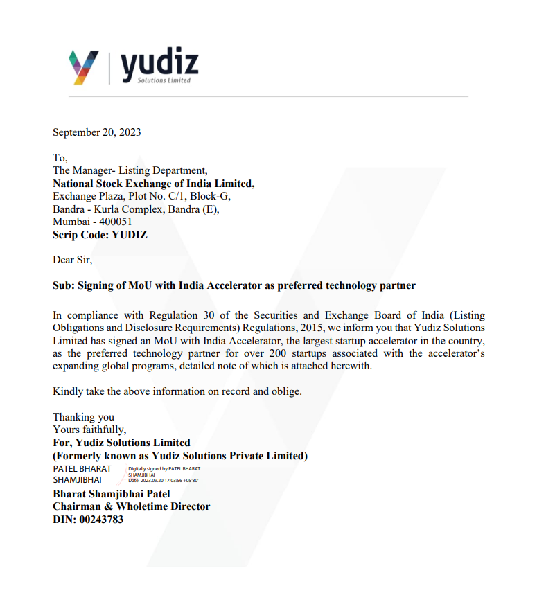 NaveenMenezes74's tweet image. Exciting news for #YudizSolutions shareholders! The company has inked an MoU with #IndiaAccelerator as its preferred tech partner for 200+ startups. Anticipating a bullish trend in the shares ahead. 🚀💼 #TechPartnership #investments