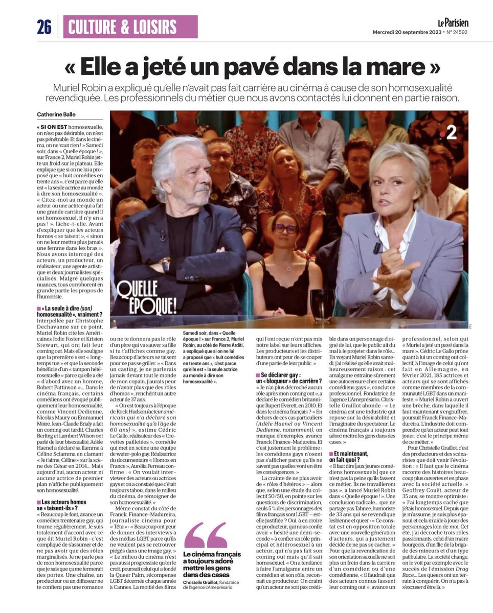 Aujourd’hui dans Le Parisien, je réponds à la question de la place des homosexuels dans le cinéma <a href="/geoffreycouet/">Geoffrey Couët</a> #gay #lgbt #queer #MurielRobin #Cinema