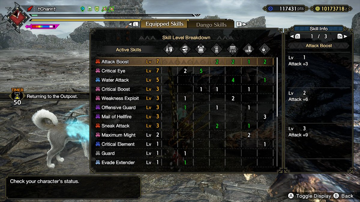 amatsuflm's tweet photo. #MHRise #MonsterHunter

Current Equipment Loadout.

Even without a support palico(rousing roar), this setups can reach 100% critical rate on it's own.
However, the weakness exploit didn't work on silver's feet, so I think a support palico is still essential for this loadout. https://t.co/DX0YPj7Gk0