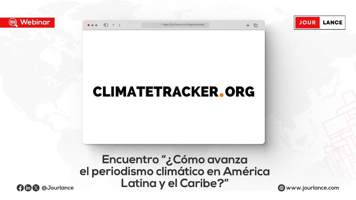 Jourlance's tweet photo. Don't miss out on the opportunity to attend “¿Cómo avanza el periodismo climático en América Latina y el Caribe?” webinar, which is taking place on September 27, 2023. Register now and secure your spot!
Check the link below for more details:
https://t.co/T3OFSx8TAB https://t.co/WQmO41f1wV