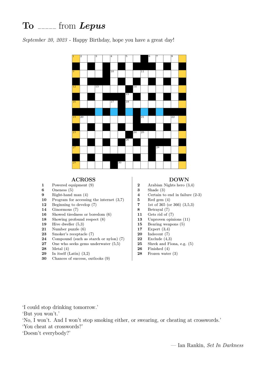 This #crossword's for a friend who loves the #Rebus novels by @Beathhigh 🕵️‍♂️📚 can you work out the message hidden in the grid?