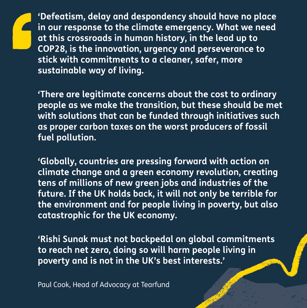 🚨It’s reported that UK PM Rishi Sunak plans to row back on several climate targets. bbc.co.uk/news/uk-politi…

This will not only be devastating for the environment and people living in poverty, but also for the UK economy.

Read what Paul Cook, Tearfund's Head of Advocacy, said👇
