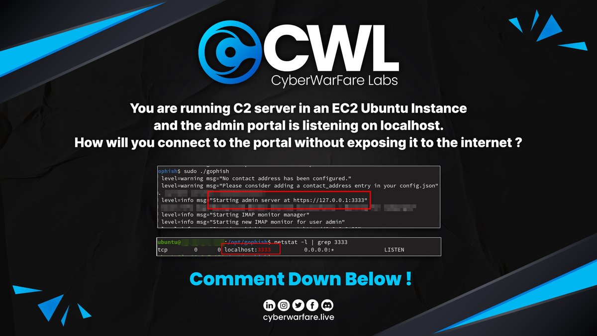 cyberwarfarelab's tweet photo. π It's a cybersecurity conundrum! Your C2 server is on an EC2 Ubuntu Instance, and its admin portal is restricted to localhost. How do you connect to it securely without exposing it to the internet? Share your ingenious methods with us in the comments!π‘
#CyberPuzzle #TechBrain https://t.co/MhFCrKmJDG