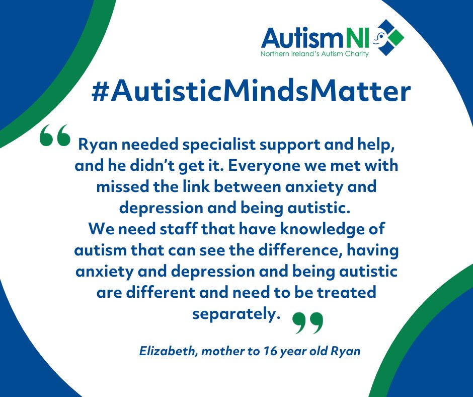 We want to highlight the urgent need for a specialist #autism #mentalhealth service in NI.

Elizabeth shares how a lack of specialist mental health support negatively impacted her autistic son and their family. Visit, autismni.org/mental-health-…

#autisticmindsmatter #inclusion