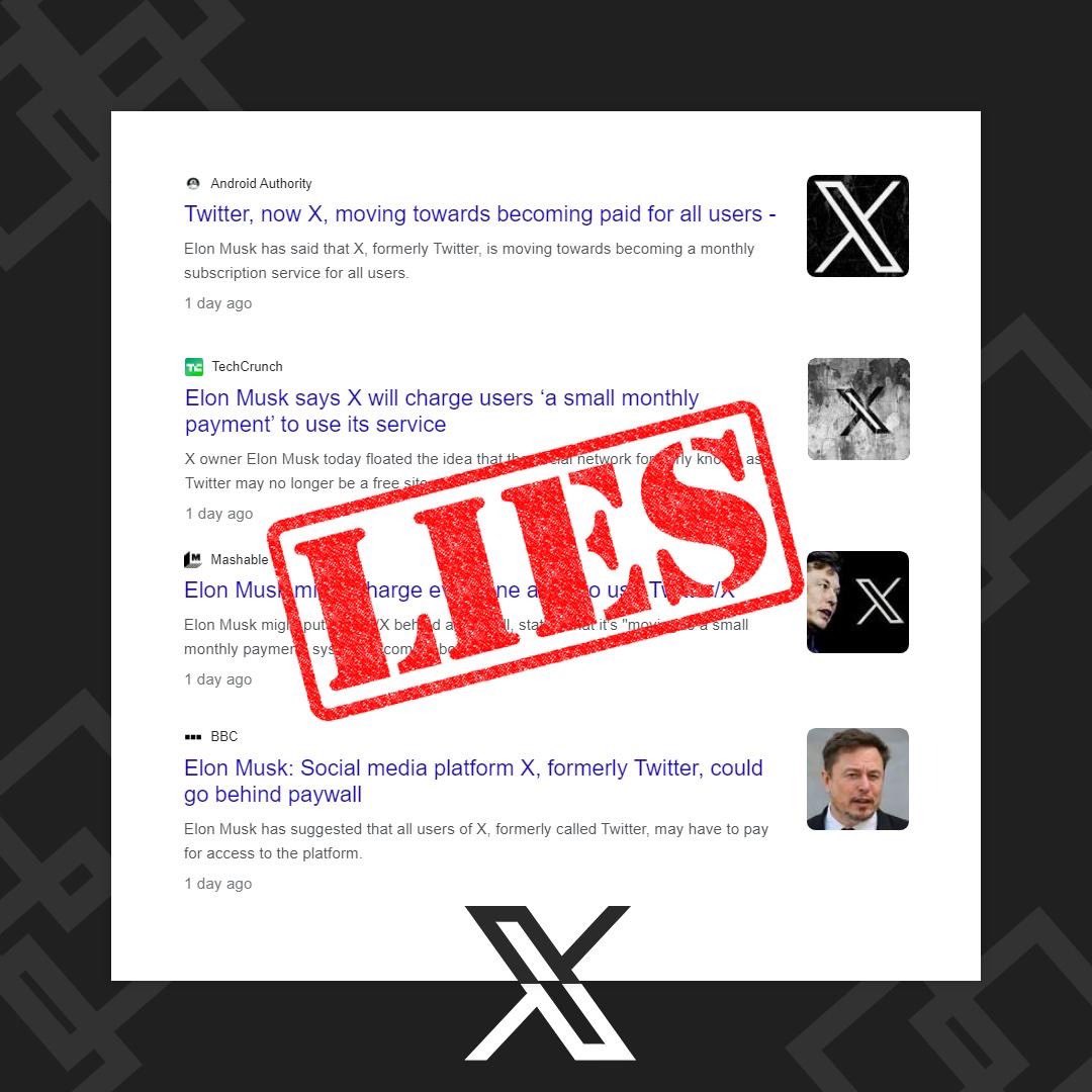 Elon Musk just confirmed that 𝕏 is not moving to a subscription fee model.

The media outlets were trying their best to spread this misinformation.