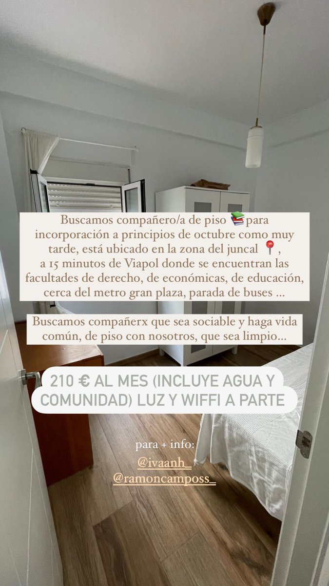 Buscamos compi de piso para incorporación en octubre, importante vida de piso, común, buen rollo y limpios!
Está ubicado en el juncal, cerca de San Bernardo, facultades de derecho, educación, del trabajo,económicas… habladnos por ig para más información o por los coment rt pls🙏🏻