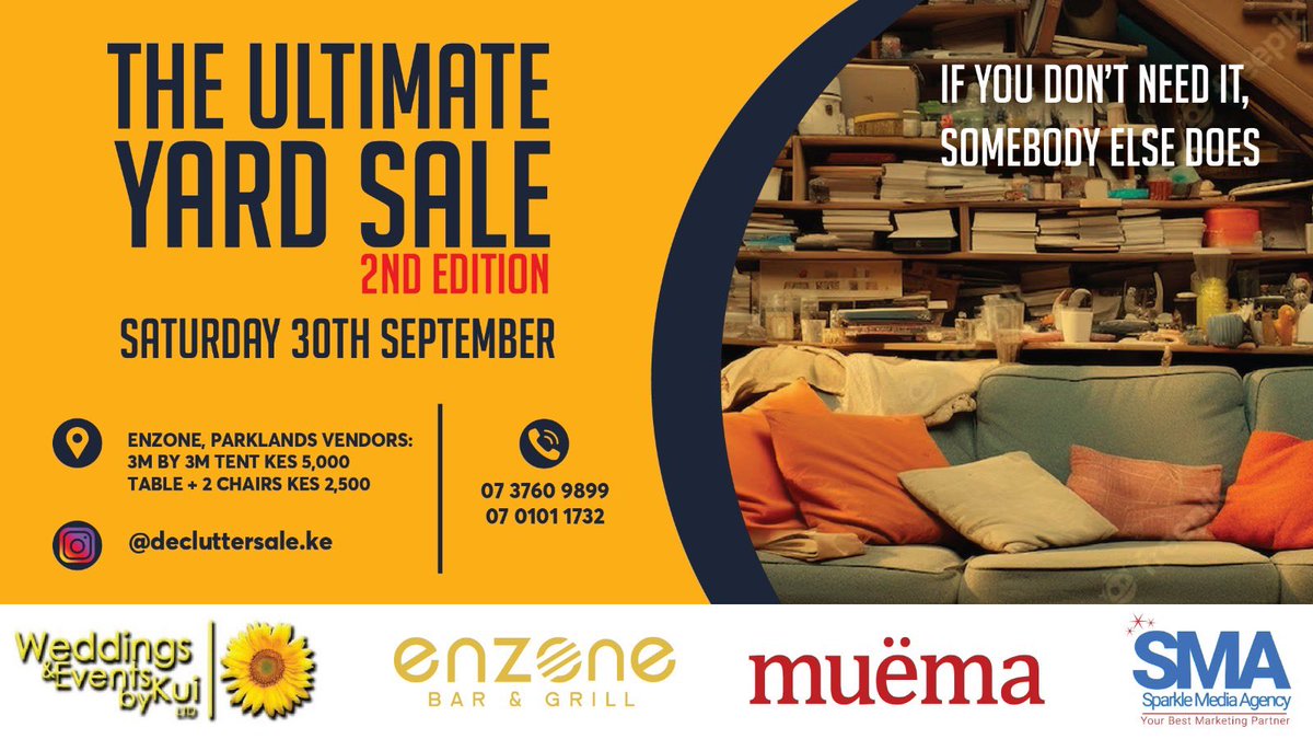 CapitalFMKenya's tweet photo. Get ready for the Ultimate yard sale organized by Wedding & Events By Kui Ltd!
The #DeclutterSale will take place on 30th Sep at Enzone. If you want to participate as a seller, reserve your booth via 0737609899 ☎️
Admission is only Ksh200, so bring your friends and family along for a day of bargain hunting and fun.