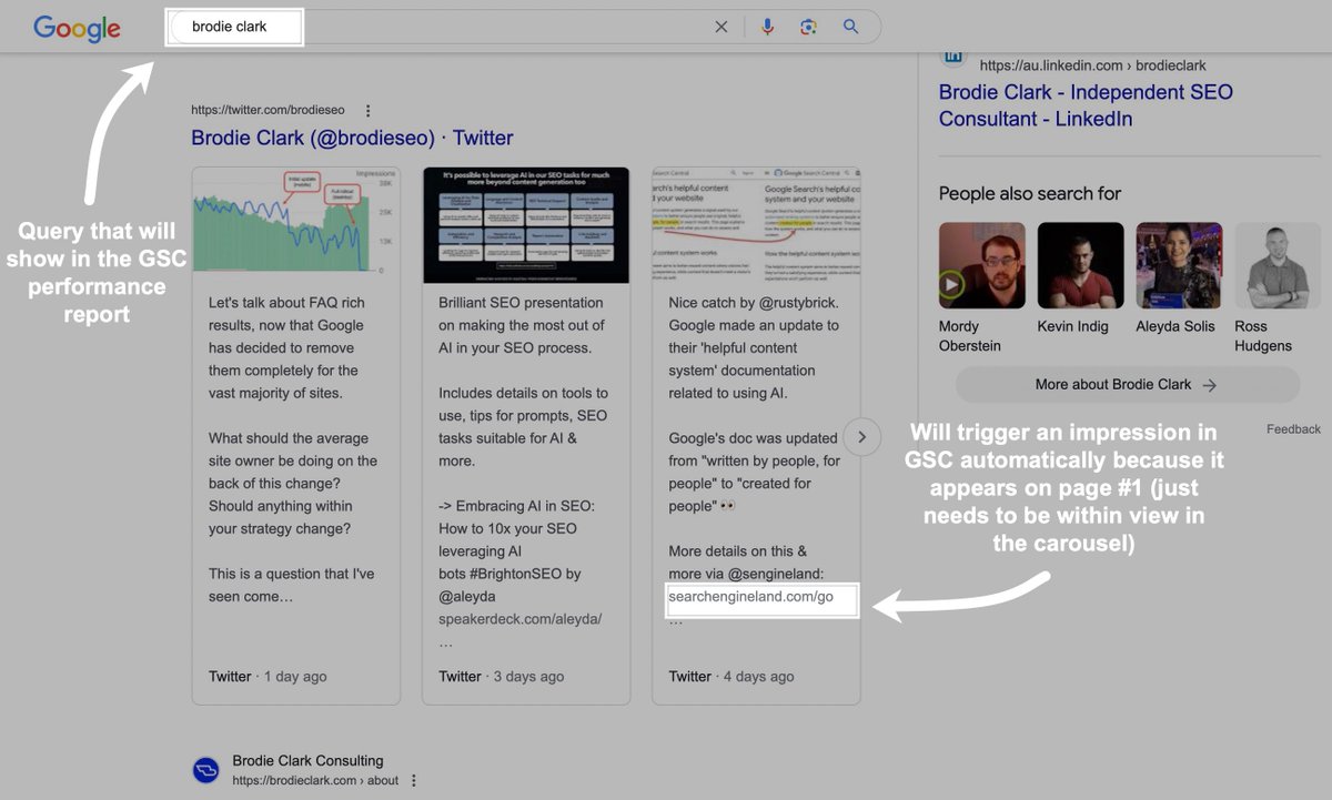 brodieseo's tweet photo. Google Search Console tip for SEOs: don't forget about the impact of Twitter/X carousels.  

If a URL is shared here &amp; gets placed within a carousel on Google, the impressions (and even clicks) can show in your data.  

Here's a case study + more info: https://t.co/ZweWaIbdw3 https://t.co/K7c30cbLJx