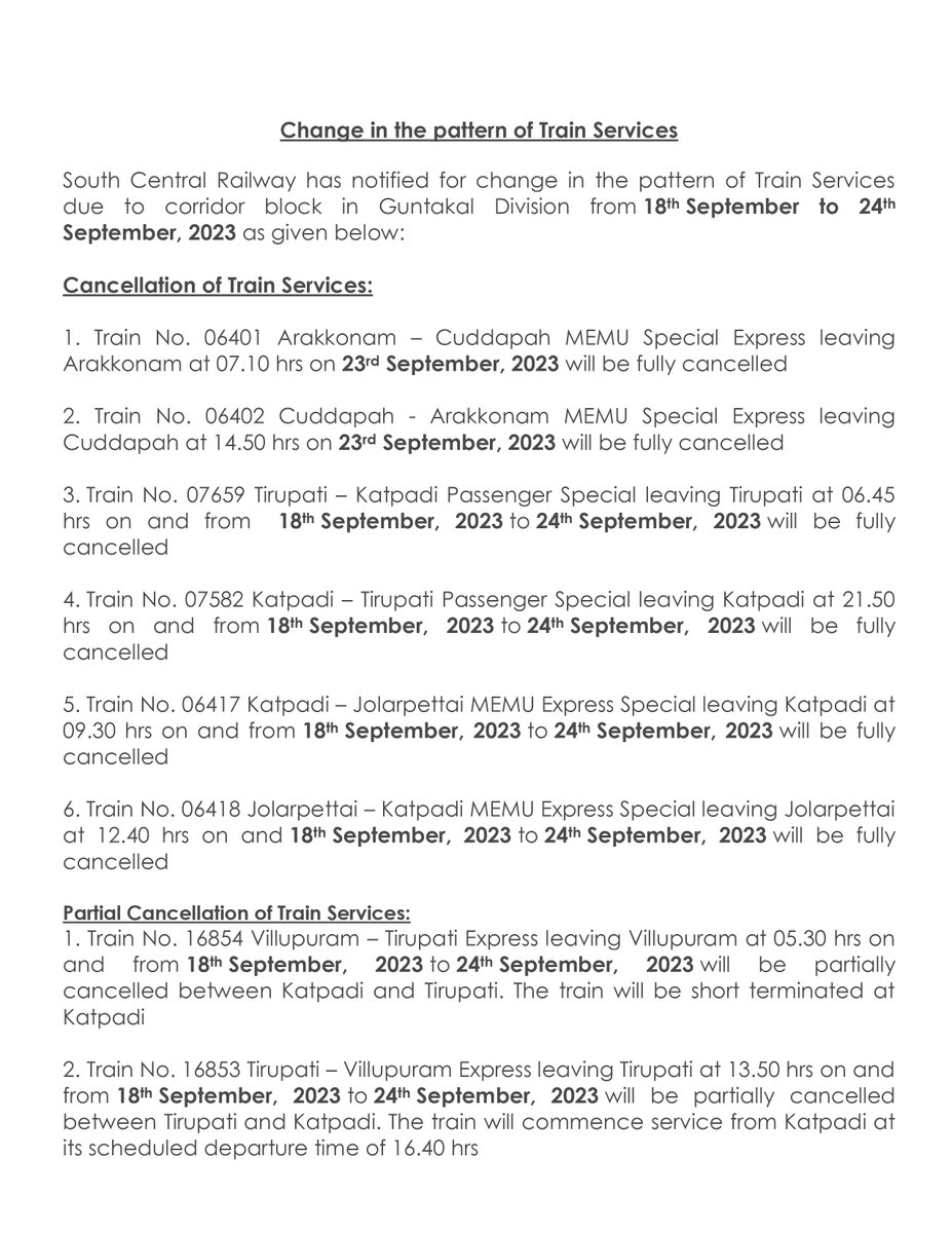GMSRailway's tweet photo. Change in Train Services
South Central Railway has notified change in the pattern of Train Services due to corridor block in Guntakal Division from 18th September to 24th September, 2023
#SouthernRailway #Southcentralrailway #trainservices #corridorblock https://t.co/CeqVeWNOxz