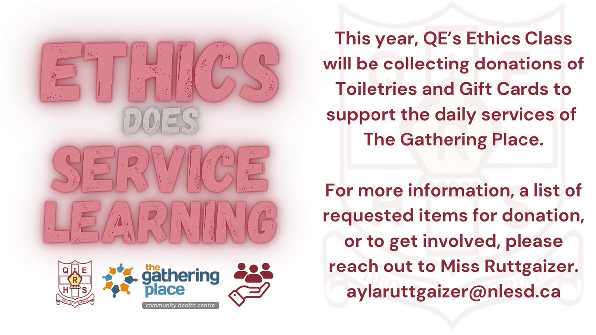 QEPioneers's tweet photo. Check it out! Our Ethics class is collecting donations for The Gathering Place. For more info contact Ms. Ruttgaizer (email in poster below). https://t.co/EqwyR9VWgv