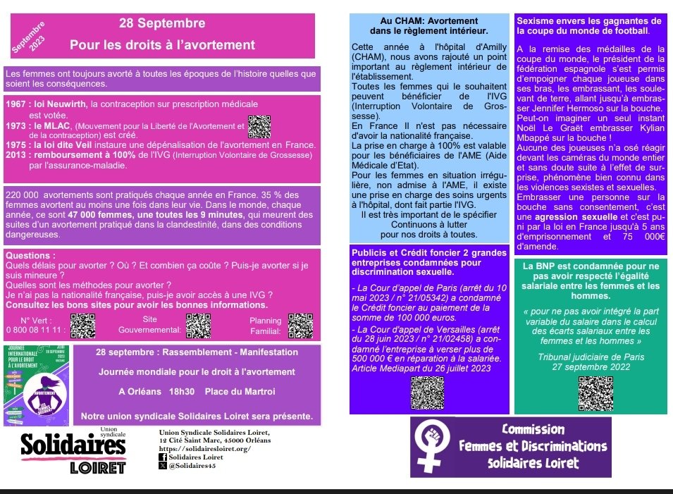 SudisteDechaine's tweet photo. Le dernier flyer Femmes et discriminations de @solidaires45 pour le 28 Septembre, journée internationale pour le droit à l'avortement. https://t.co/9sSiJ7bl2o