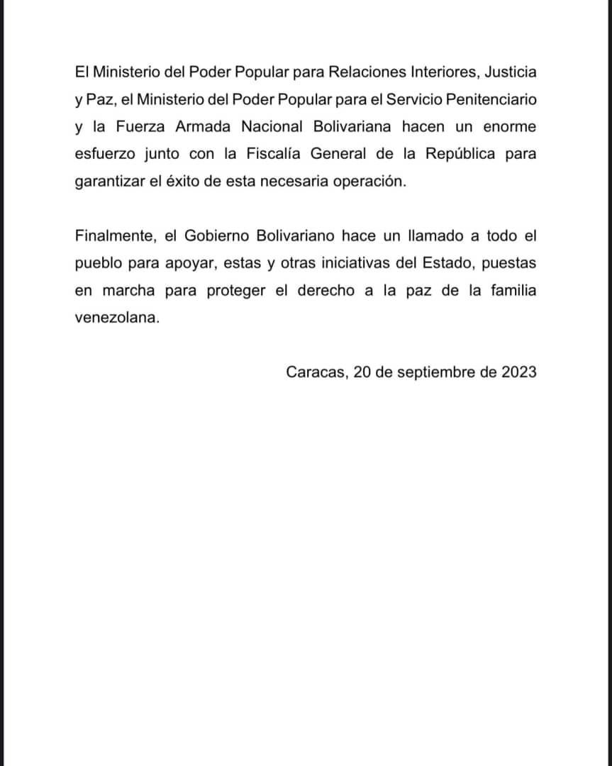 #COMUNICADO El Gobierno Bolivariano pone en marcha una operación contra la delincuencia organizada que funciona desde el Centro Penitenciario de Tocorón, estado Aragua. Al menos 11 mil efectivos forman parte de esta acción, cuyo objetivo es garantizar la seguridad ciudadana.