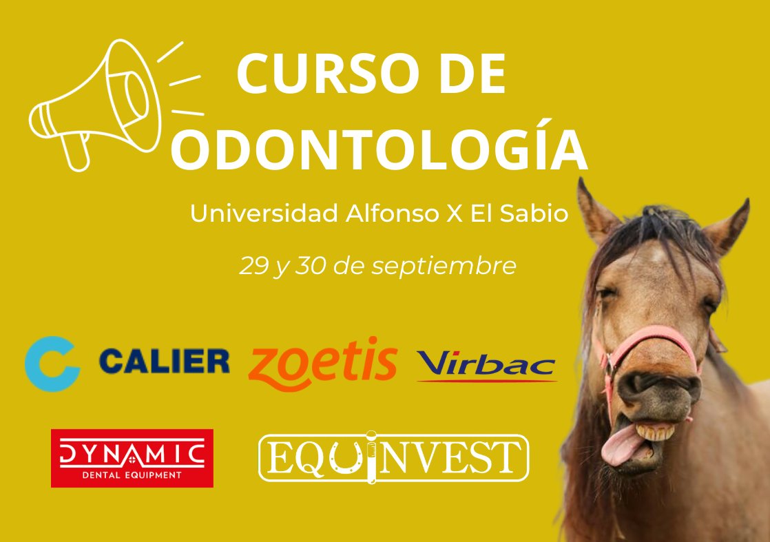 EquinvestES's tweet photo. 🐴🦷 ¡Emociónate! Curso de Odontología Equina en Madrid 📅 29 y 30 de septiembre 🏛️ Universidad Alfonso X el Sabio.

¡ÚLTIMAS PLAZAS!

#OdontologíaEquina #Caballos #SaludDental #Horse https://t.co/zpaTPimaN5