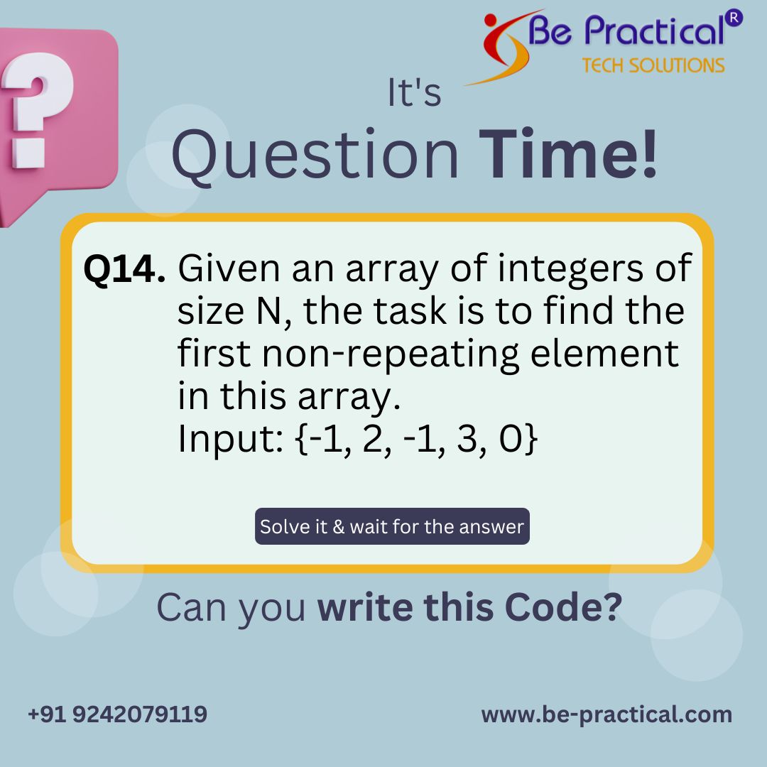 bepractical_com's tweet image. "Hello, students! Here's a new challenge for you: Find the element in an array that appears only once, without any duplicates."
#CodingChallenge #ArrayProblem #UniqueElement #ProgrammingChallenge #Algorithm #DataStructures #CodingPuzzle #ProblemSolving #TechChallenge #CodeYourWay