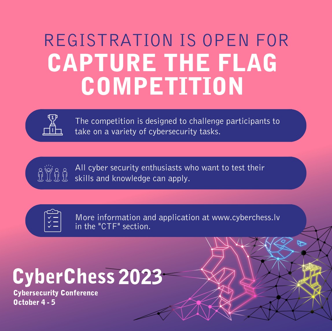 certlv's tweet image. 🎉ATVĒRTA reģistrācija tiešsaistes sacensībām #CaptureTheFlag (CTF)🚩, kas noritēs kiberdrošības konferences #CyberChess2023 ietvaros no 4.-5.oktobrim. Informācija un pieteikšanās cyberchess.lv sadaļā “CTF”. #cyberdefense #cybersecurity #ctf