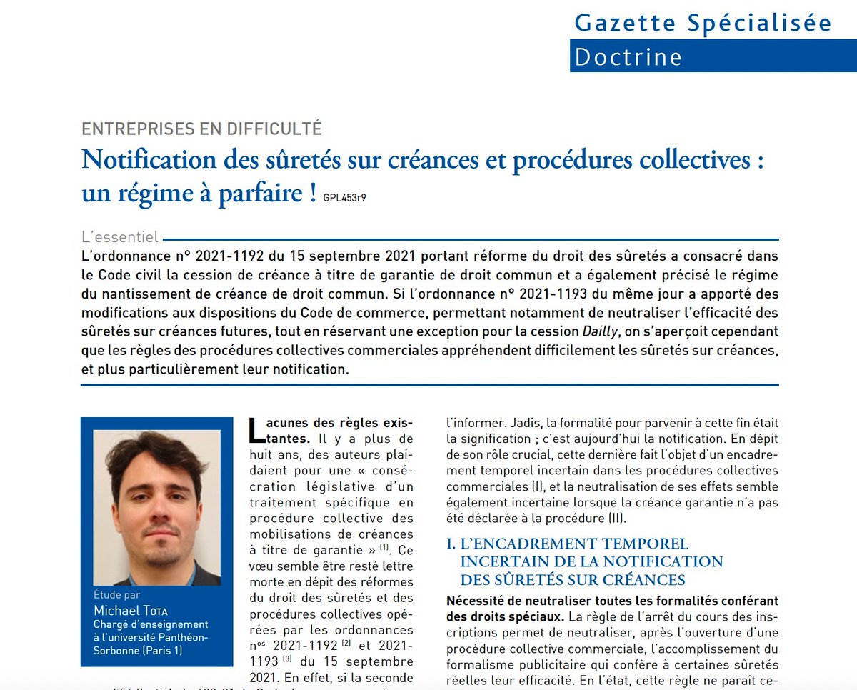 J'ai le plaisir de vous annoncer la parution de mon étude 'Notification des sûretés sur créances et procédures collectives : un régime à parfaire !' dans la Gazette du Palais du 19 septembre 2023, gazette spécialisée droit des entreprises en difficulté.

Merci à @LextensoAvocat !