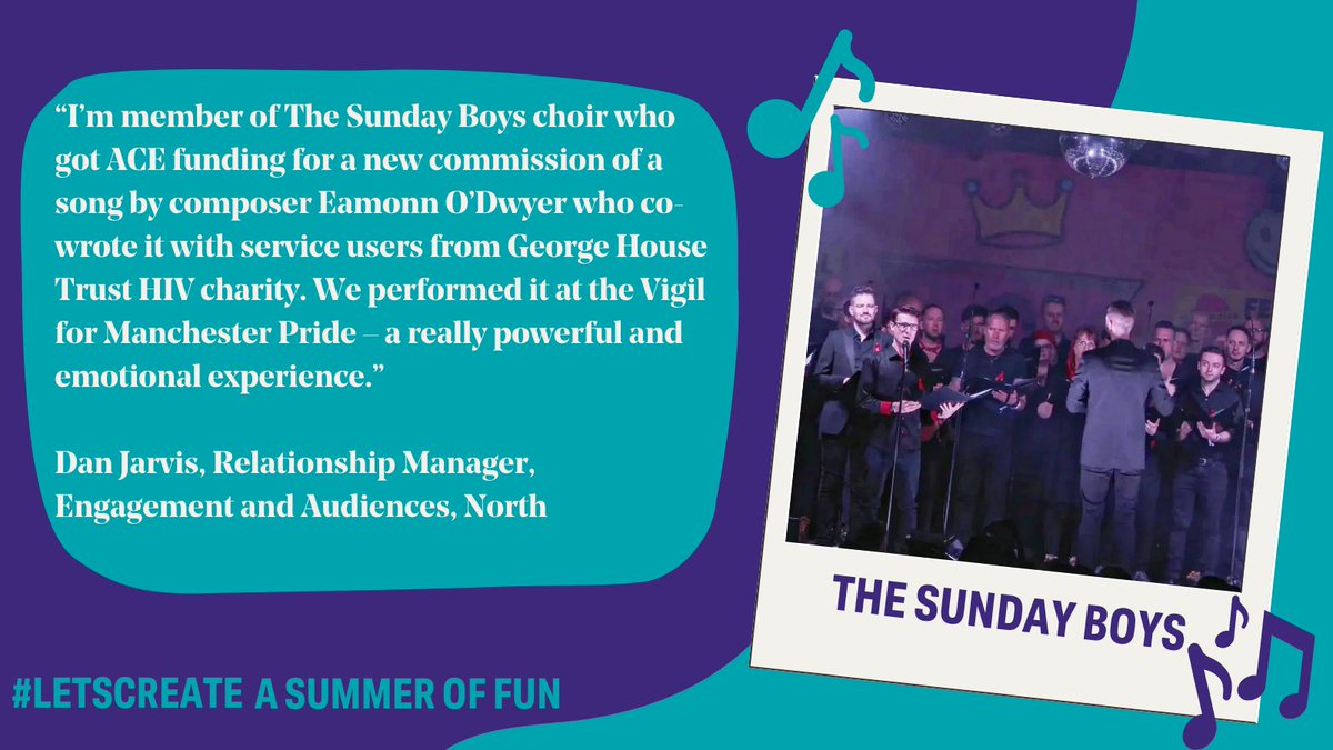 Dan Jarvis our Audience and Engagement Relationship Manager sang @eamonnodwyer’s #ACESupported co-composition with services users from @georgehousetrst along with the choir @the_sundayboys at @manchesterpride over the summer. #LetsCreate a Summer of Fun #nationallottery