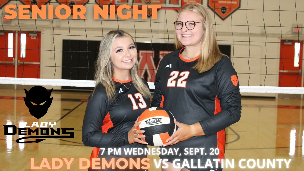 WtownInd's tweet photo. It's Senior Night! Support the Lady Demons Volleyball team and seniors Gracey Crump and Jolee Litz TONIGHT at 7 PM against Gallatin County at home! 
JV starts at 6 PM with seniors being honored between the JV and Varsity games!
Buy tickets at: https://t.co/hbzPTJM7Qc https://t.co/eteHxvUuE3