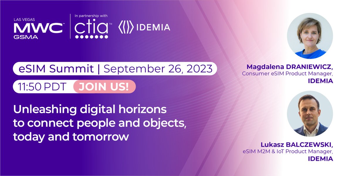 IDEMIA_IST's tweet photo. What does the connectivity of tomorrow look like? Mobile operators, device makers + enterprises are invited to join a talk from our experts at #MCW23 on how IDEMIA's eSIM solutions can deliver a best-in-class digital connectivity experience and strengthen your brand. https://t.co/yGuzVFjvek