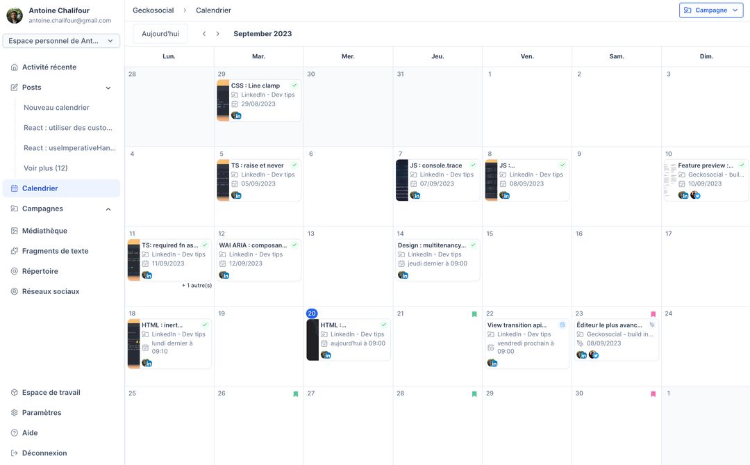 Antoine (@antoine_chlfr) on Twitter photo Quelques heures après, le design du calendrier de publication <a href="/GeckoSocialApp/">geckosocial</a> est largement amélioré ^_^
Difficile de faire tenir autant d'infos en si peu d'espace
Pas de lib, juste CSS Grid et pas mal de mesures d'élément du DOM 👌
#SaaS #buildinpublic Quelques heures après, le design du calendrier de publication <a href="/GeckoSocialApp/">geckosocial</a> est largement amélioré ^_^
Difficile de faire tenir autant d'infos en si peu d'espace
Pas de lib, juste CSS Grid et pas mal de mesures d'élément du DOM 👌
#SaaS #buildinpublic