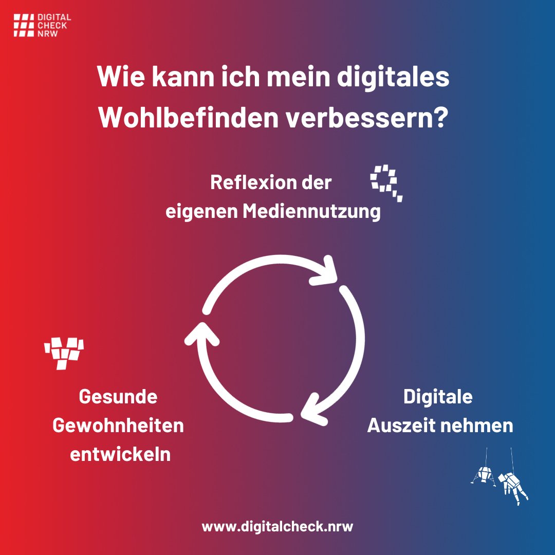1. Frage dich selbst, wie viel Zeit und Energie du täglich in digitale Medien investierst.  
2. Genieße Aktivitäten ohne digitale Geräte.
3. Setze dir Grenzen für deine Internetnutzung, um ein ausgewogenes Verhältnis zu finden. 
#DigitalDetox #digitalweiterwissen