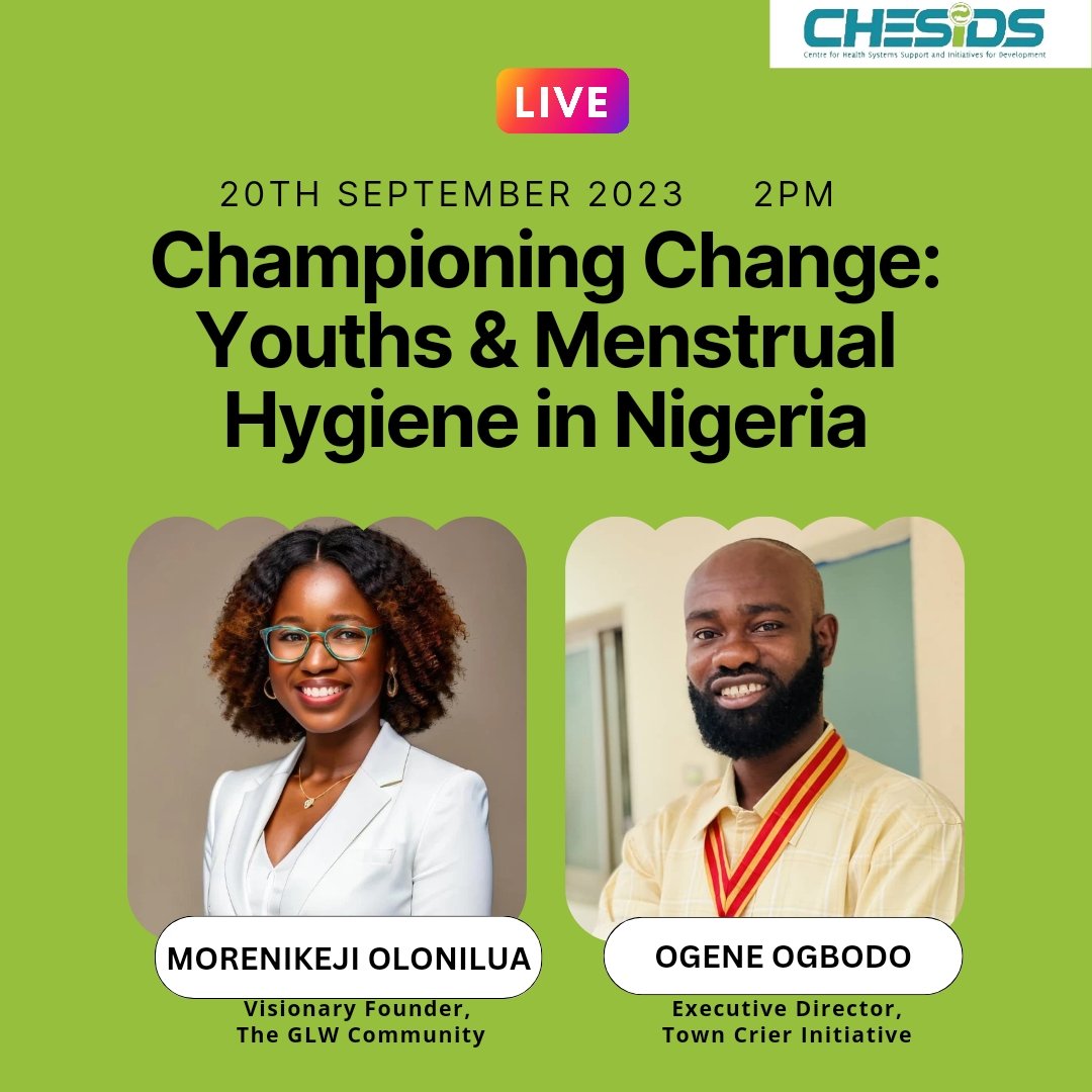 Hello,

Join @Rennnymo & I, @ogene_ogbodo by 2PM today on Instagram  as we discuss the role of Youths in Menstrual 🩸 Hygiene Education in Nigeria 

Organised by @CHESIDS1 

Link to join: instagram.com/chesids_ngo?ig…

@WASHLink @KorieUNFPA @GlobalSouthDM @UNFPANigeria @LoveYourMenses