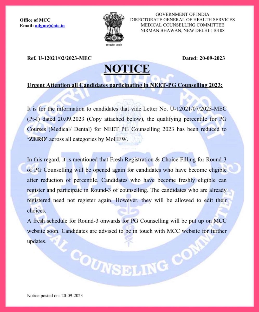 😯🤨As per the latest notice, qualifying percentile for PG Courses (Medical/Dental) for #NEETPGCOUNSELLING 2023 has been reduced to ZERO. 

#MedTwitter #medicaleducation