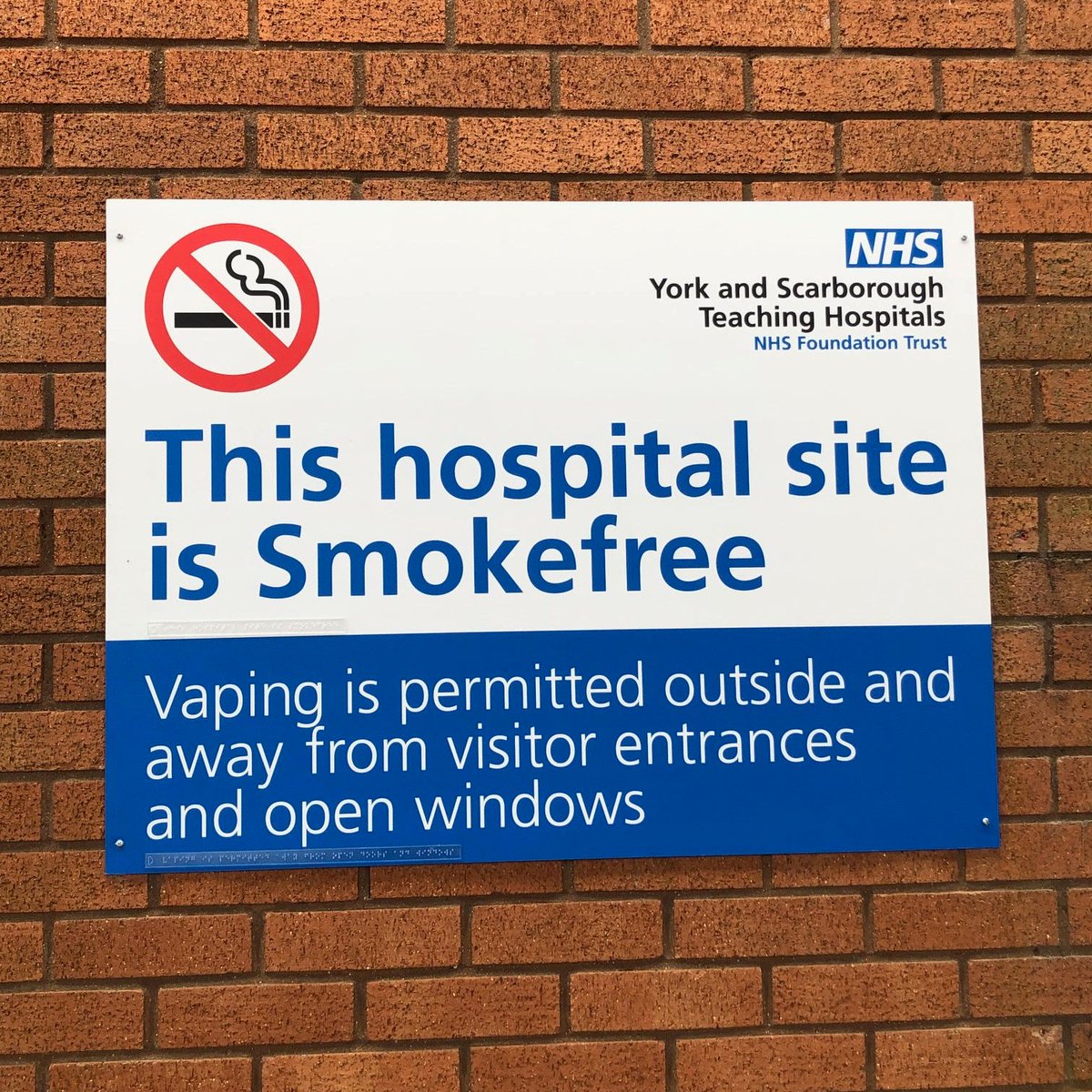 As part of our project with York and Scarborough Teaching Hospitals, we produced this 'Smokefree' sign which features braille text.
Here at Andrews Signs &amp; Engravers, we are experts in all DDA Signage, contact us on 01904 400800 to discuss with a member of our team.
#braillesigns