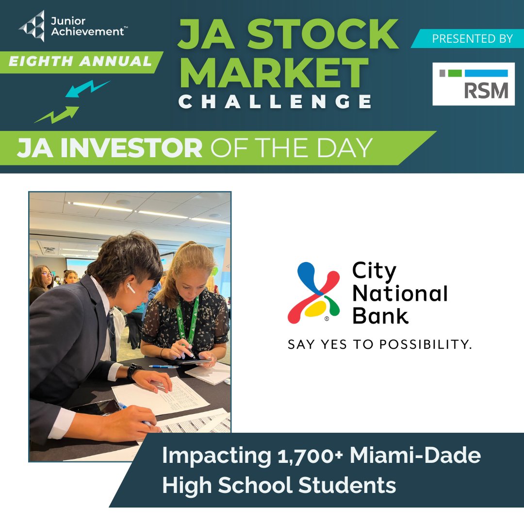 ja_miami's tweet photo. We appreciate @CityNationalFL's investment in the 8th Annual JA Stock Market Challenge, presented by RSM. Your involvement is helping teenagers learn about stock trading and investing, providing them with valuable skills for their financial future. 🏦📊 #thankyou #JASMC https://t.co/e9Ut3rgo3o