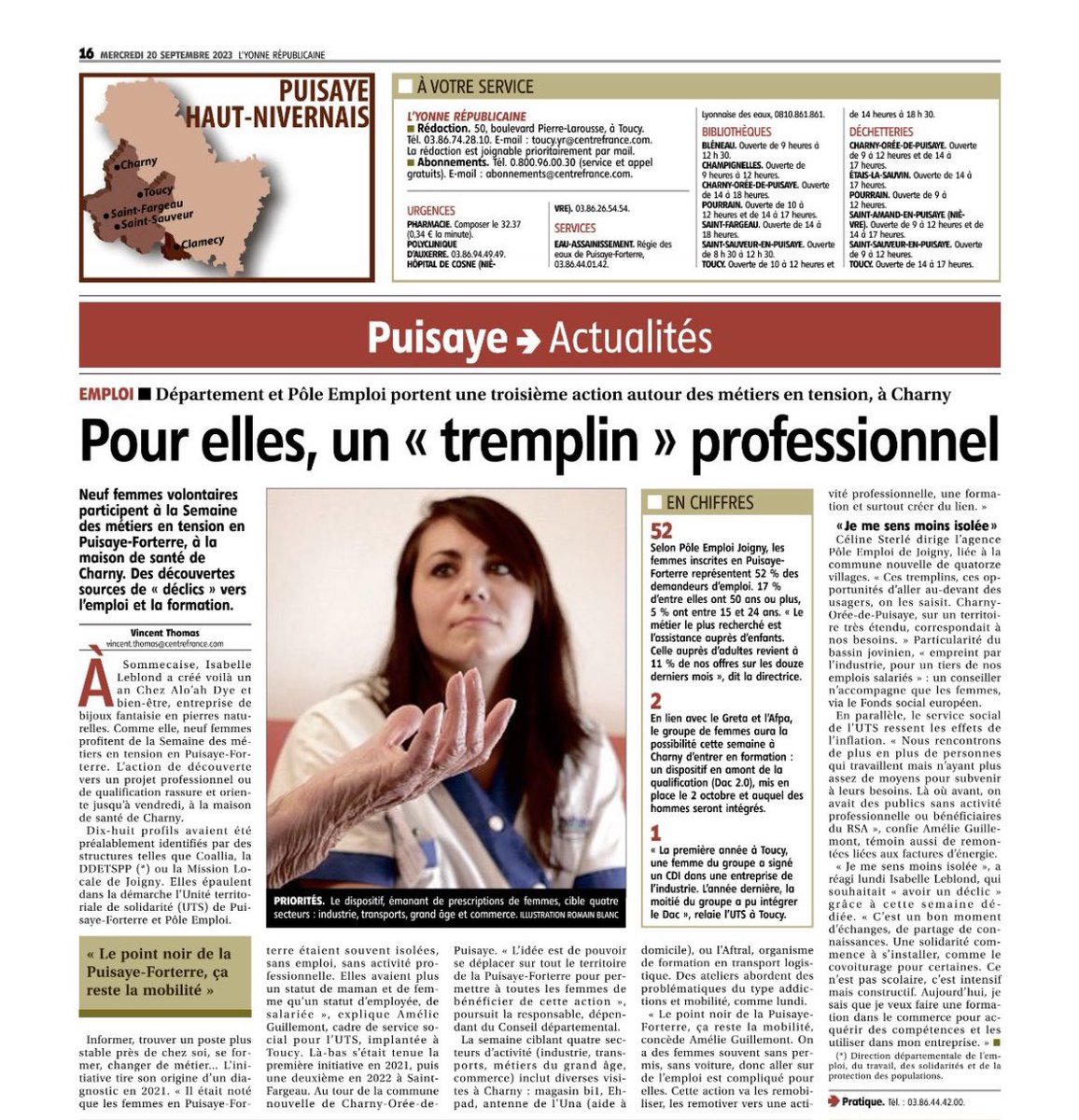 ✅ De nombreuses opportunités d’emplois existent près de chez vous.  Pour faire connaître les métiers qui recrutent le <a href="/Departement89/">Département Yonne</a> et @poleemploi_bfc favorisent l’action locale de proximité. Merci <a href="/Celine_Sterle/">Céline Sterlé Fatta</a>  et ses équipes! À retrouver dans l’édition <a href="/lyonne_fr/">L'Yonne Républicaine</a> du jour👇